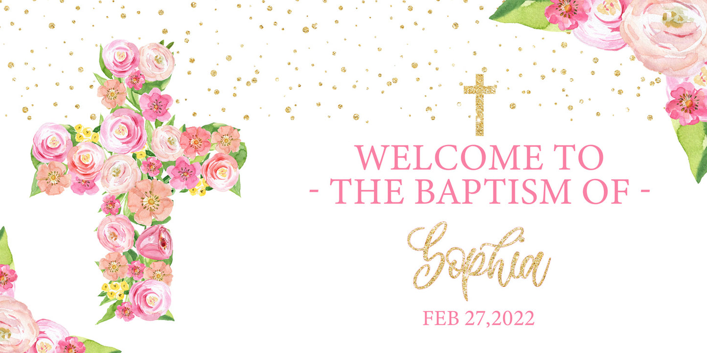 Pink Cross Christening Baptism Banner